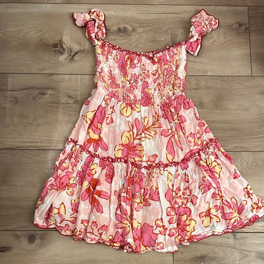 Poupette St. Barth Pink and Cream Ruffled Dress